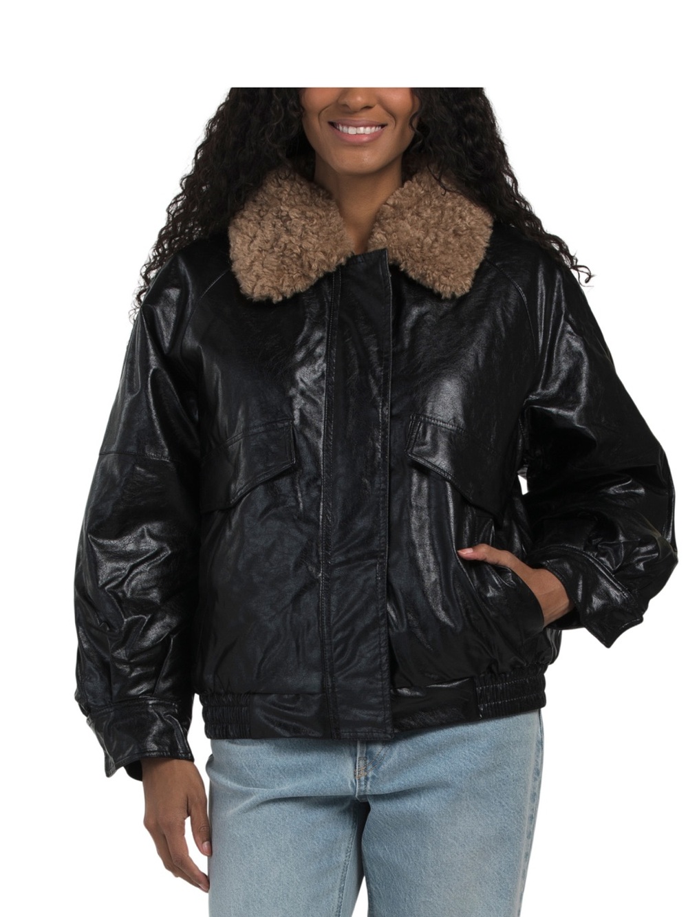 Rebecca Minkoff Black Faux Leather Bomber Jacket with Brown Faux Sherpa Collar